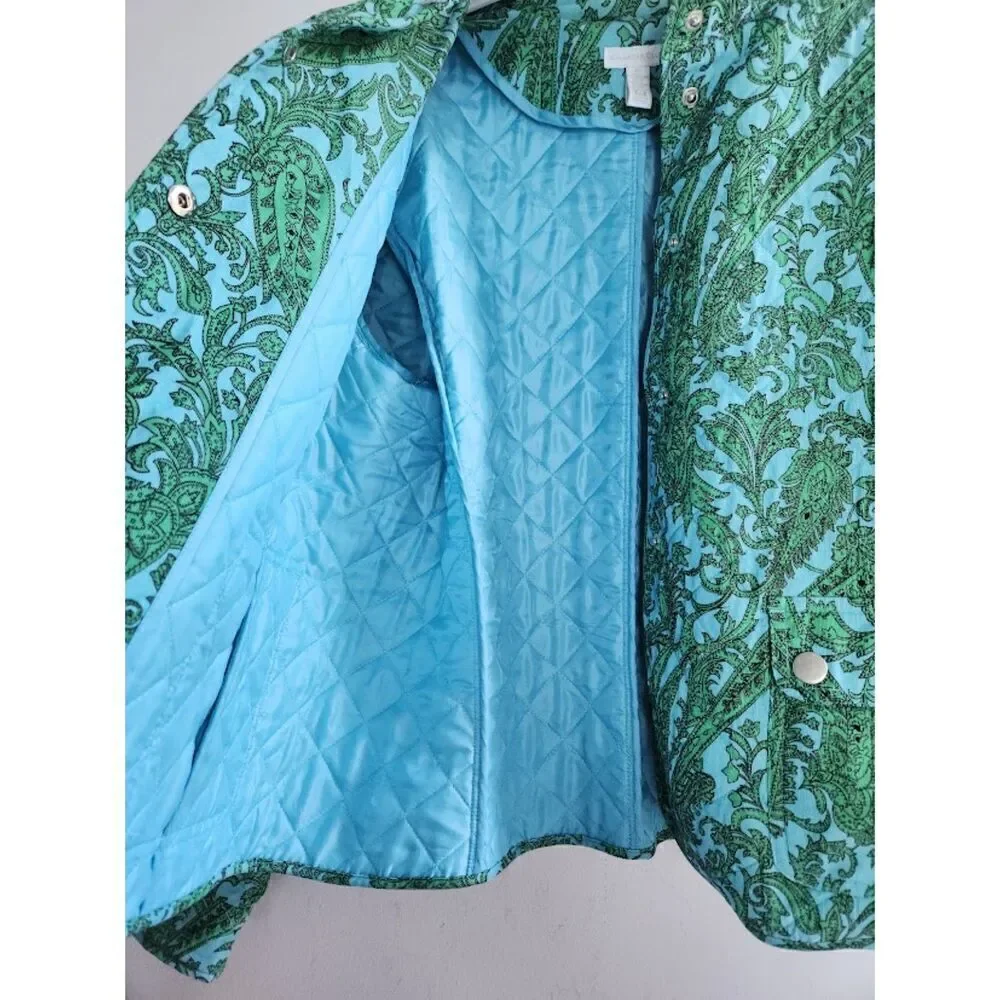 Charter Club Women Teal Green & Blue Floral Quilted Cotton Button Jacket size XL